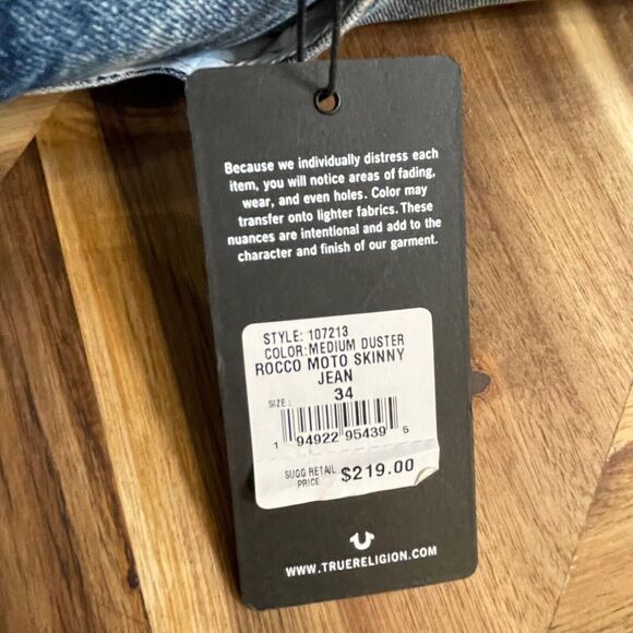 True Religion Rocco Jeans‎ Moto Ribbed Denim Relaxed Skinny Mens 34x32 New - Picture 5 of 9